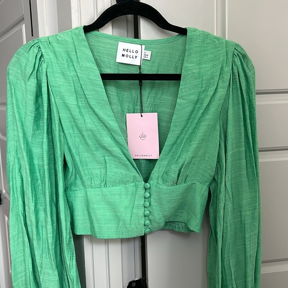 Hello Molly Long Sleeve Cropped Balloon Sleeve V-Neck Blouse - Picture 8 of 9